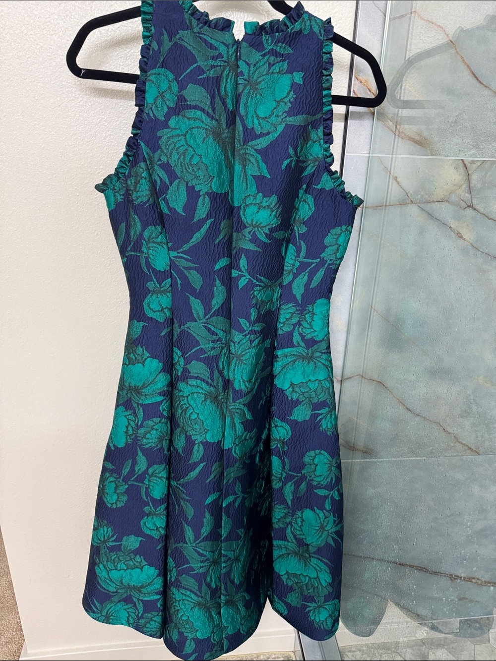 Adrianna Papell Navy Dress with Teal Floral Jacquard - Picture 2 of 3